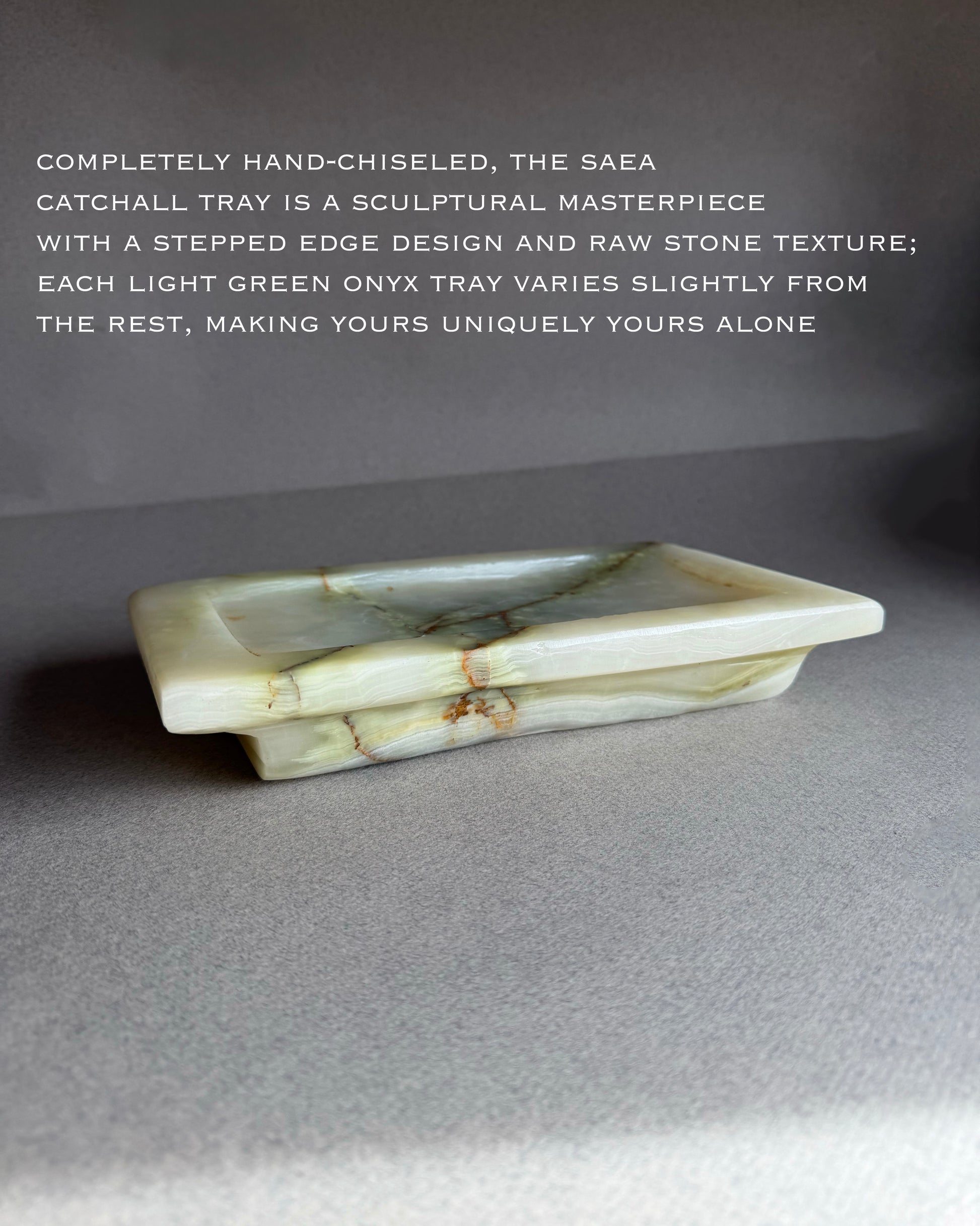 Light green onyx tray with text describing its hand-chiseled design and unique texture.