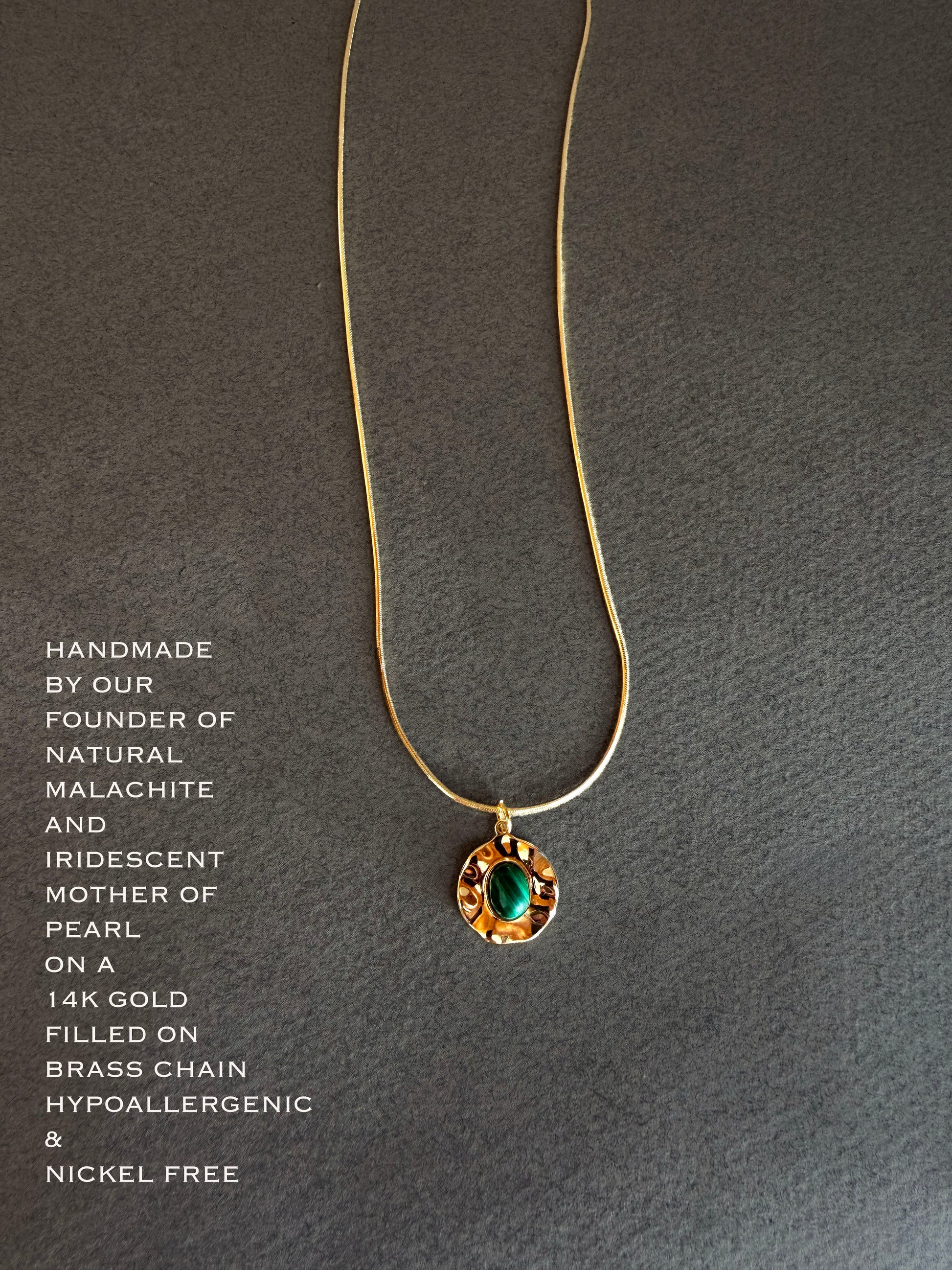 Gold filled snake chain necklace with small round malachite medallion pendant, minimalist jewelry style
