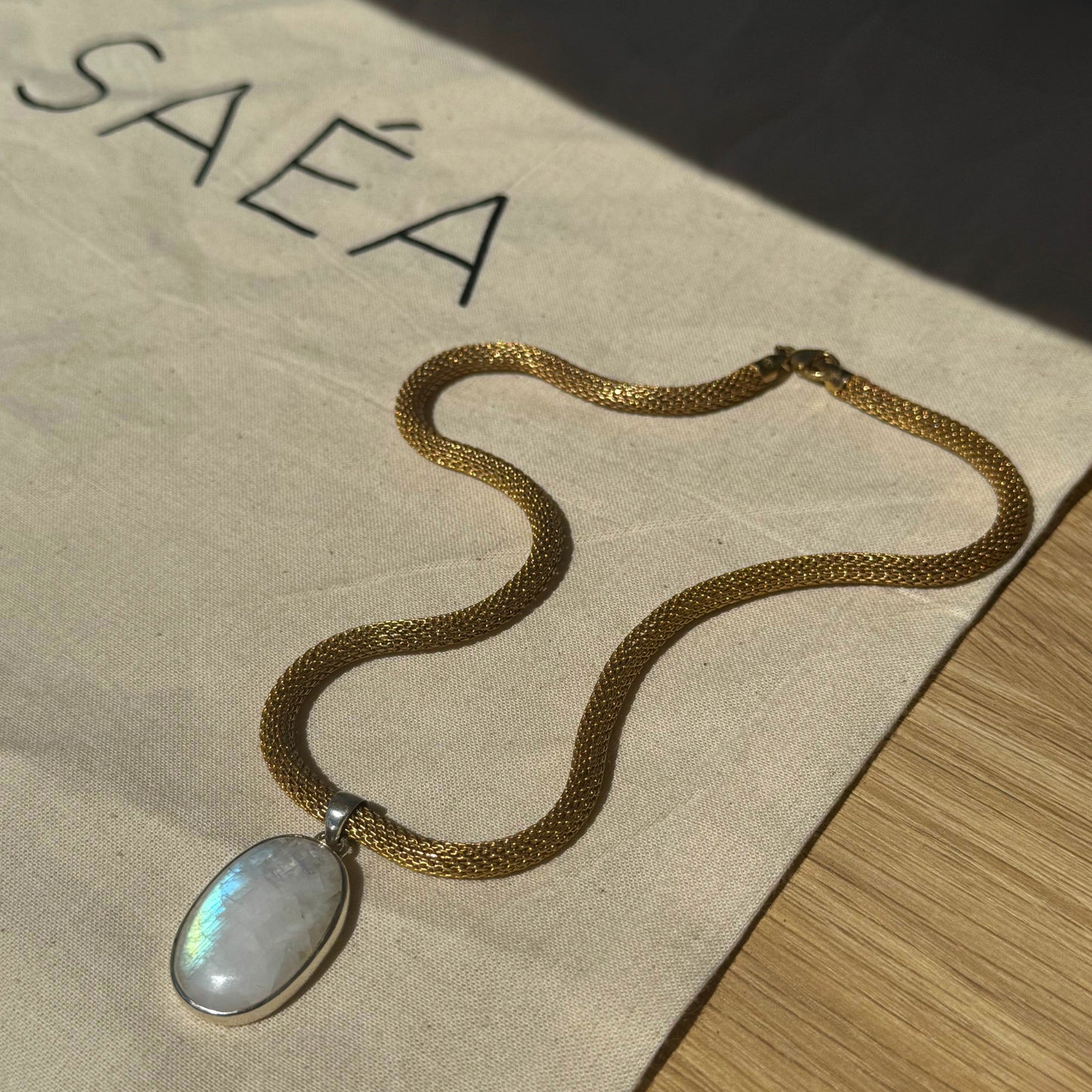 SAÉA Moonstone Mesh Necklace in Gold Vermeil