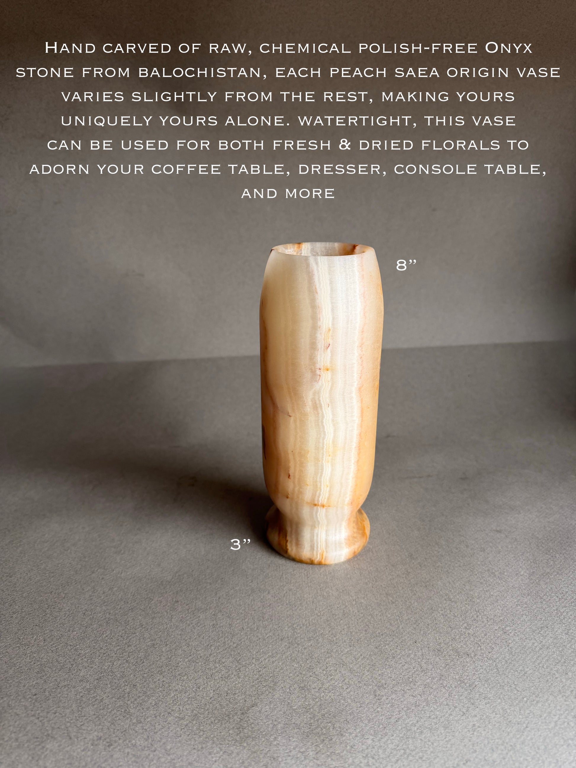 Hand-carved peach white orange honey  Onyx vase on a gray background with product details.