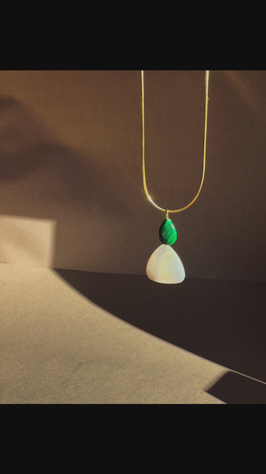 gold snake chain herringbone necklace with a malachite mother of pearl pendant