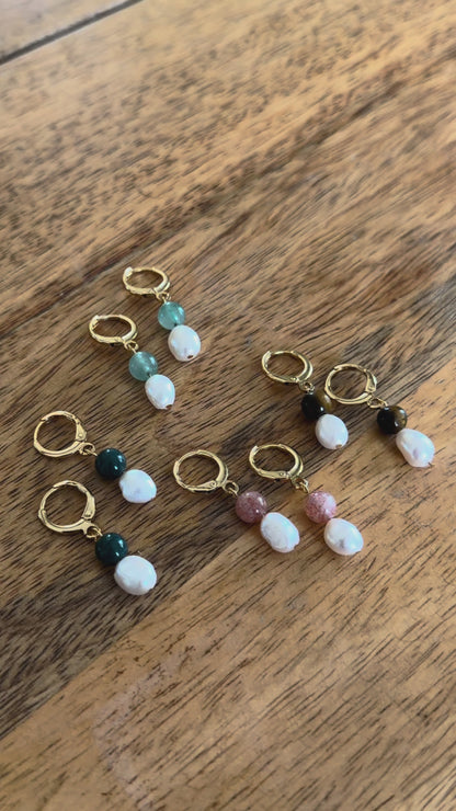 SAÉA Freshwater Pearl & Gemstone Gold Filled Huggie Earrings