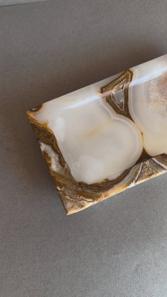 Rectangular ivory onyx stone tray with warm caramel veining and natural banding, handmade stone catchall tray for dresser or bathroom counter
