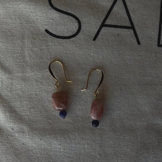 Minimal gold filled dangle earrings featuring natural sunstone and sodalite stones
