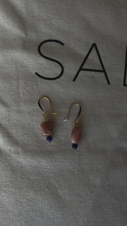Minimal gold filled dangle earrings featuring natural sunstone and sodalite stones
