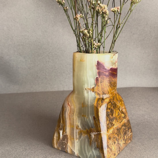Handmade olive green onyx vase styled with fresh or dried greenery, minimalist stone home decor
