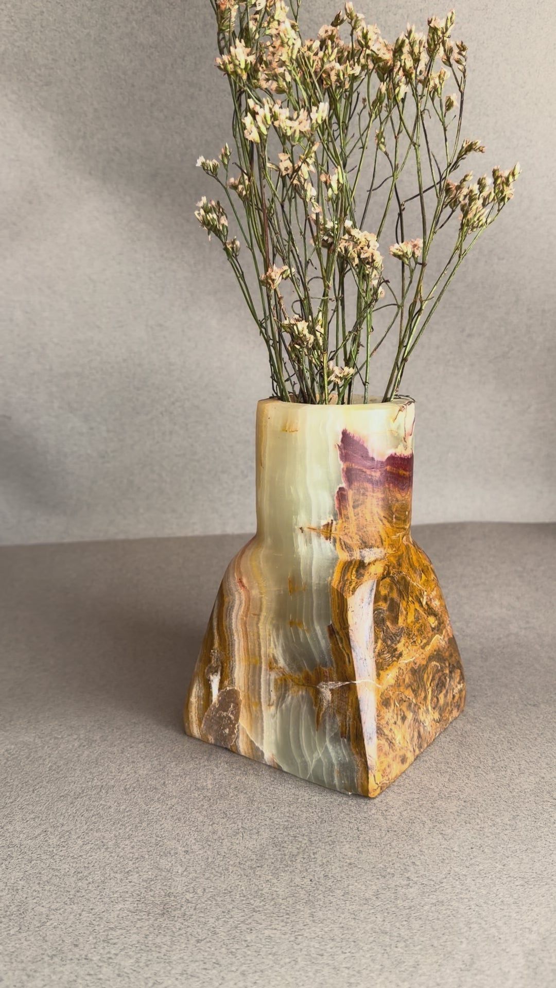Handmade olive green onyx vase styled with fresh or dried greenery, minimalist stone home decor
