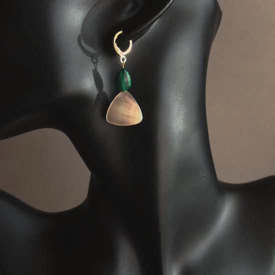 MALACHITE MOTHER OF PEARL GOLD HOOP HUGGIE earrings 