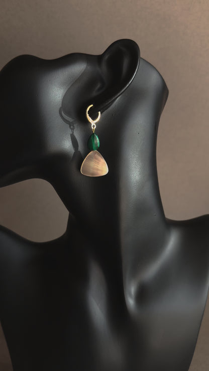 MALACHITE MOTHER OF PEARL GOLD HOOP HUGGIE earrings 