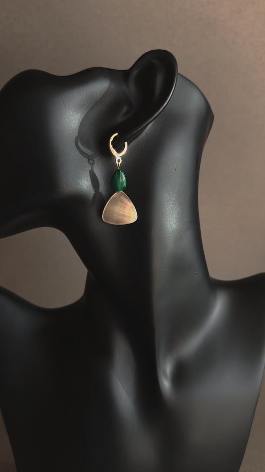 MALACHITE MOTHER OF PEARL GOLD HOOP HUGGIE earrings 