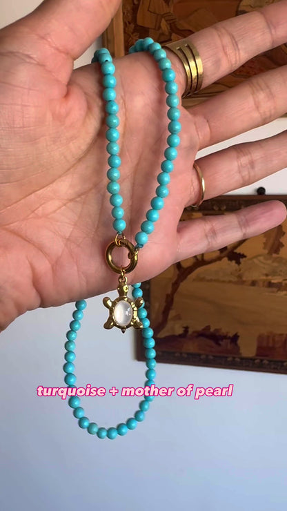 Mother of Pearl Turtle Pendant Necklace in a Turquoise or Picture Jasper Beaded Chain