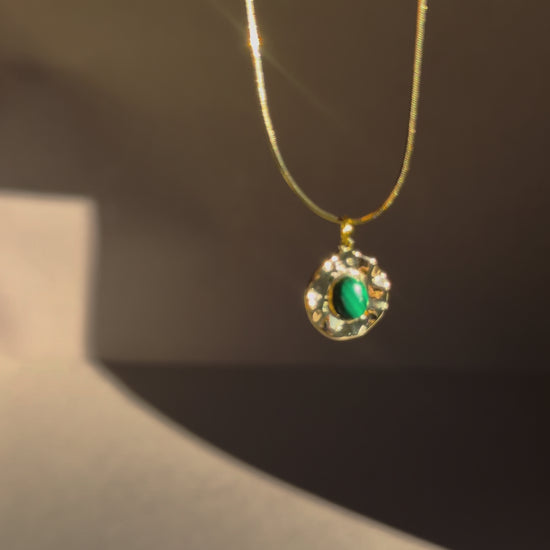 gold malachite 14k gold filled pendant on a gold snake chain herringbone necklace 