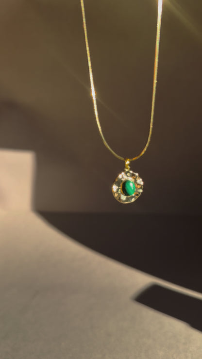 gold malachite 14k gold filled pendant on a gold snake chain herringbone necklace 