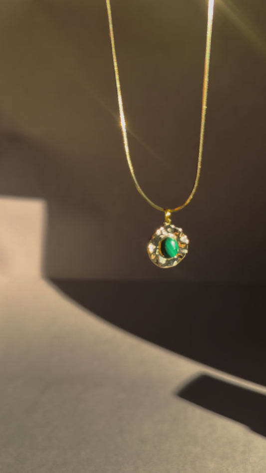 gold malachite 14k gold filled pendant on a gold snake chain herringbone necklace 