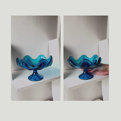 Vintage 1960s Viking Glass Bowl Blue Ruffled Compote – Mid-Century Modern - American Origin
