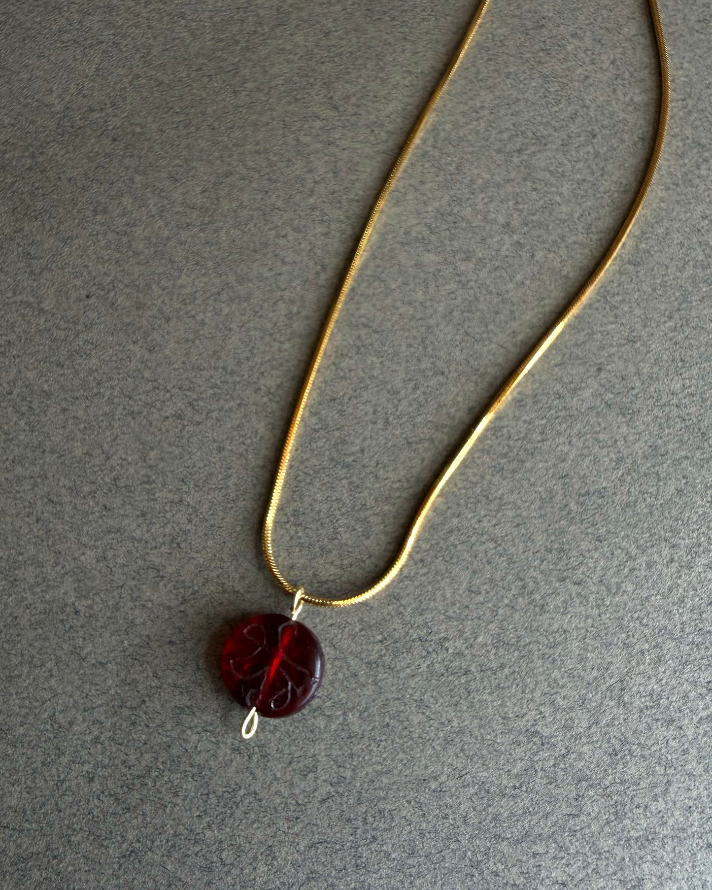 SAÉA Red Garnet Engraved Pendant Necklace on Gold Snake Chain