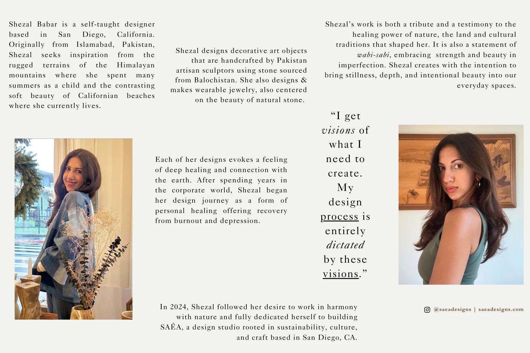 About SAÉA — Shezal, a self-taught designer in San Diego crafting onyx pieces from Balochistan