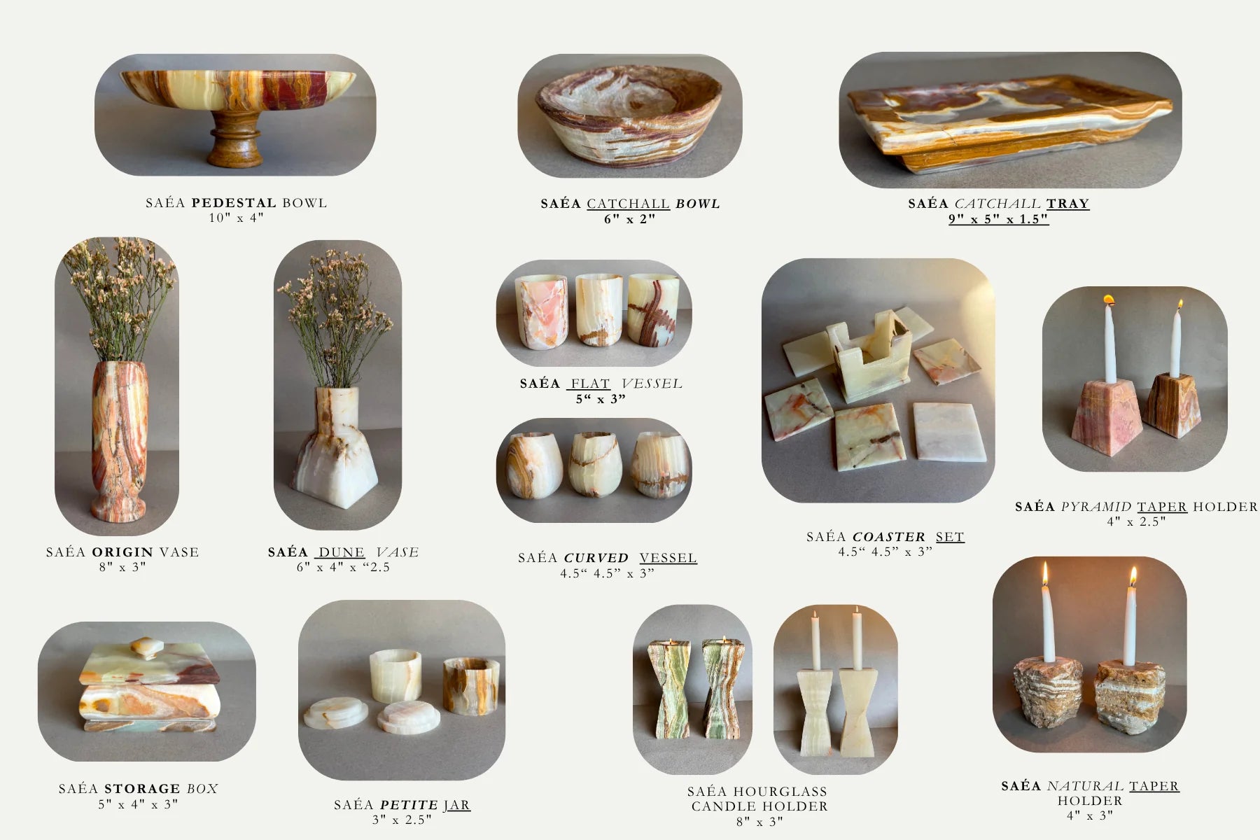 SAÉA product index — pedestal bowl, catchall bowl and tray, origin and dune vases, flat and curved vessels, coaster set, taper holders, storage box, petite jar