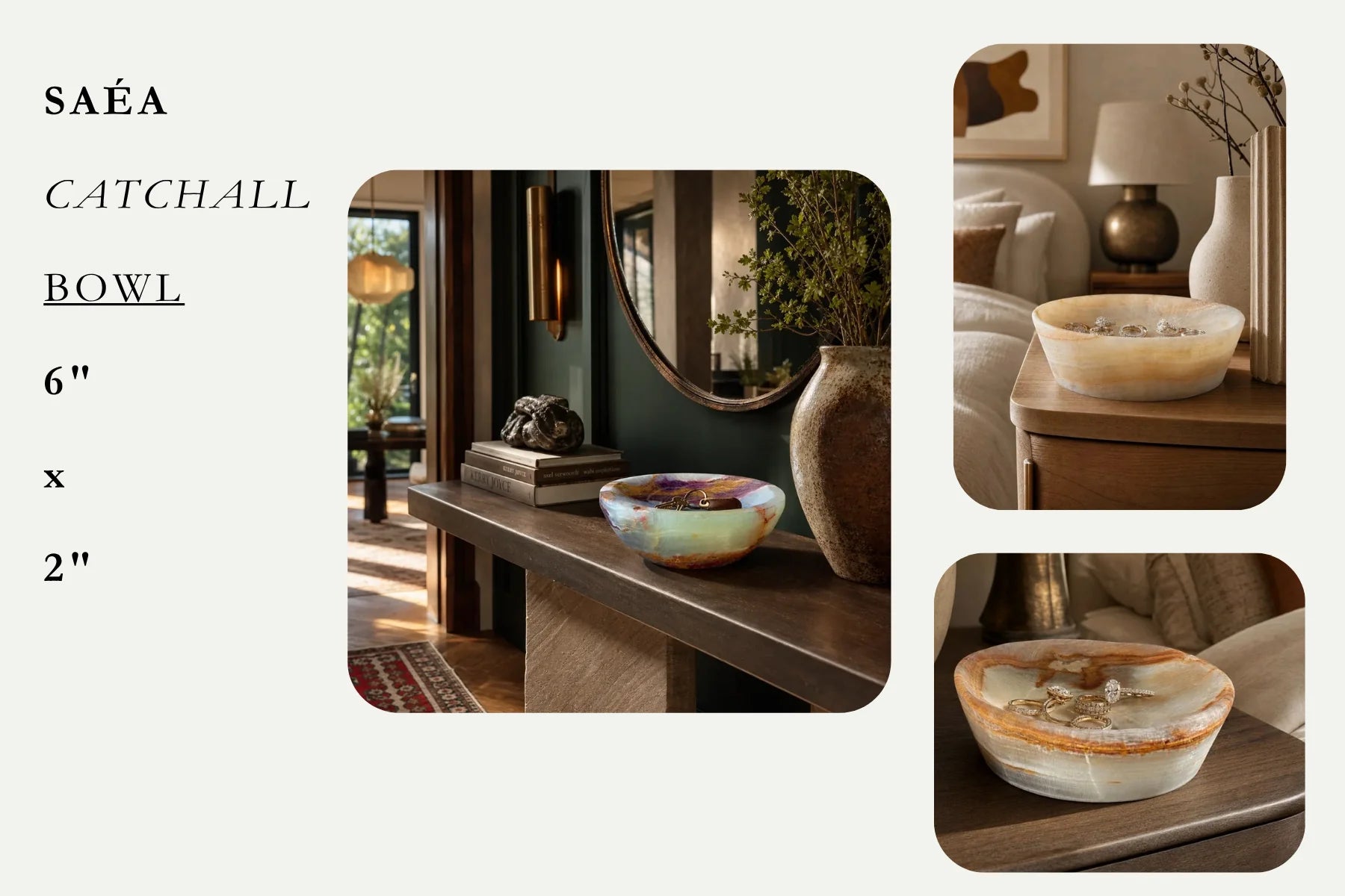 SAÉA Catchall Bowl, 6 by 2 inches, styled on a console and side table
