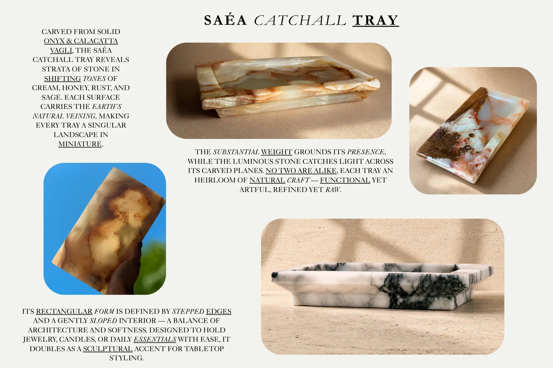 SAÉA Catchall Tray — rectangular onyx and Calacatta Viola tray with stepped edges