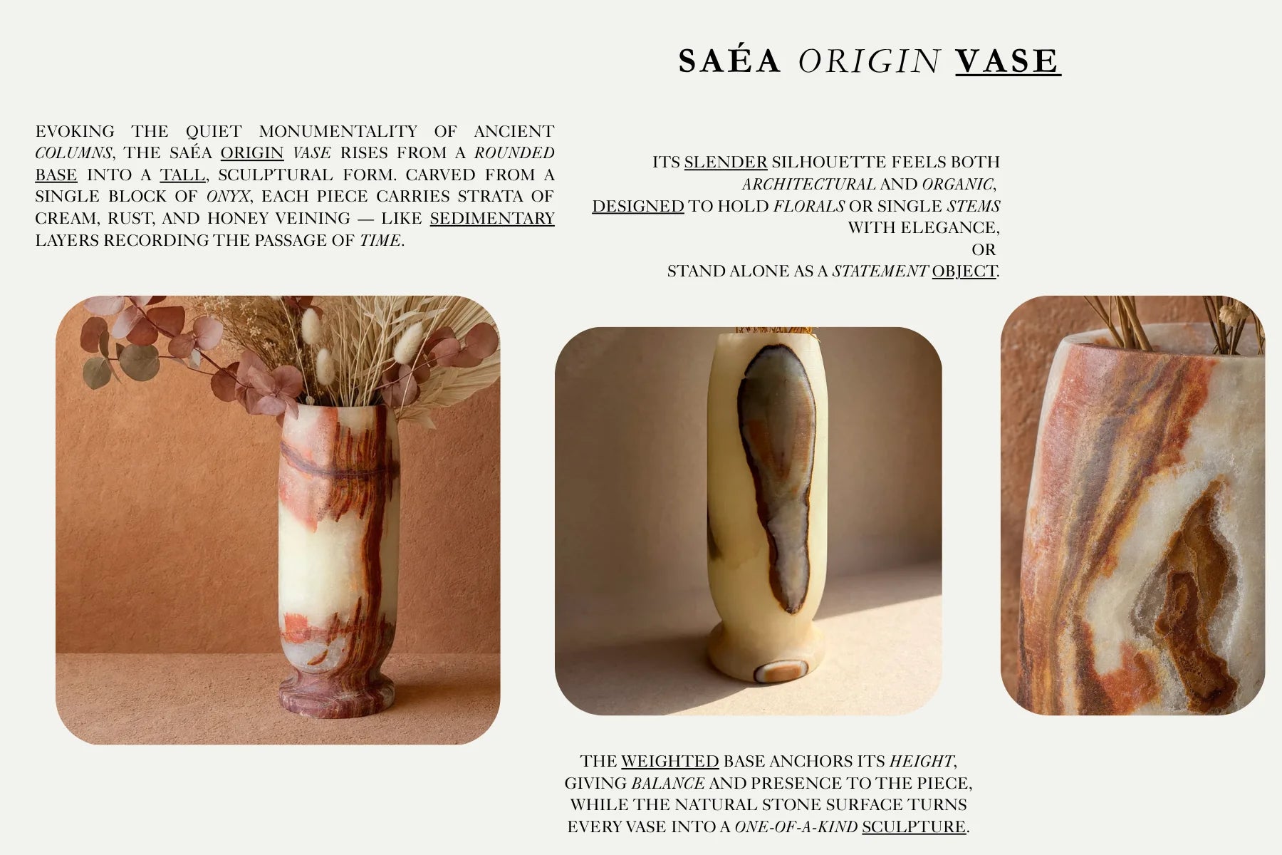 SAÉA Origin Vase — tall column vase carved from a single block of onyx