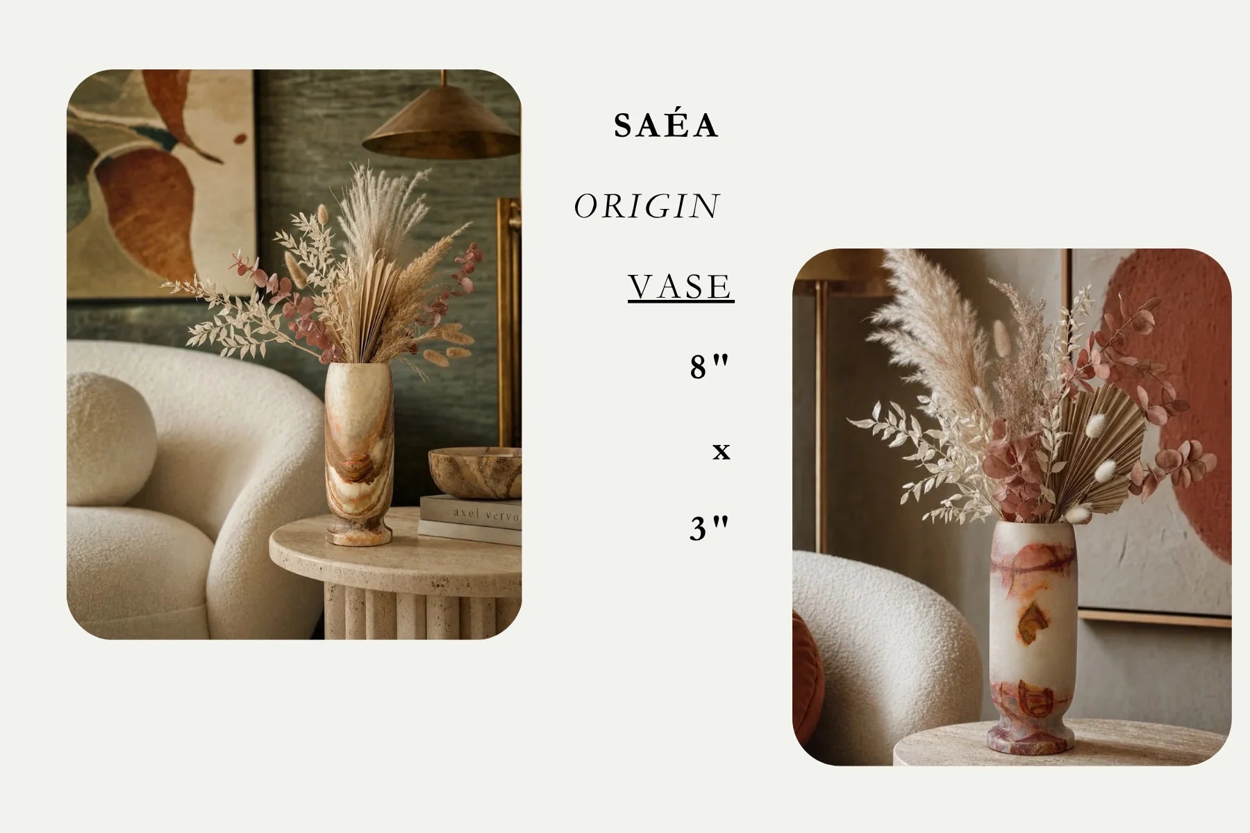 SAÉA Origin Vase, 8 by 3 inches, styled with dried florals in interiors