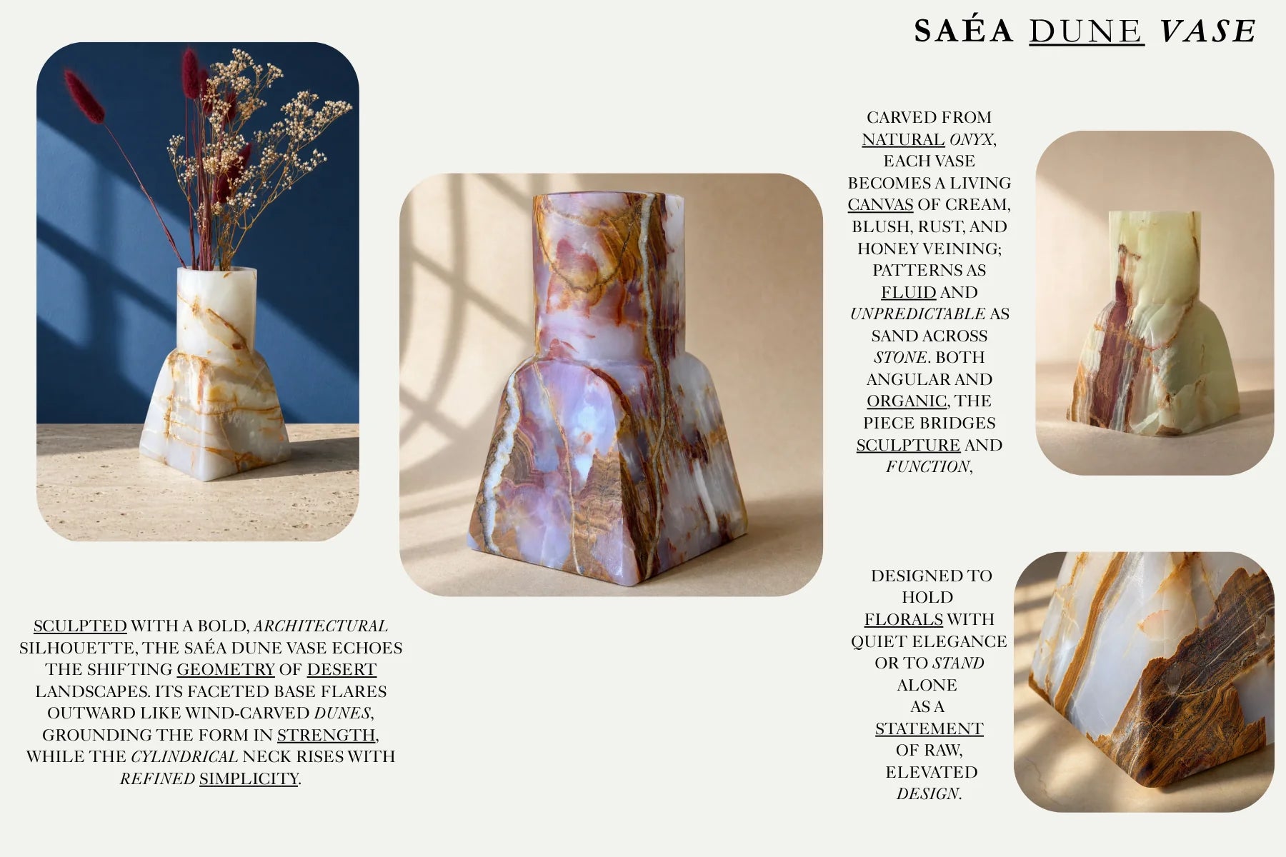 SAÉA Dune Vase — faceted onyx vase with a flared base and cylindrical neck