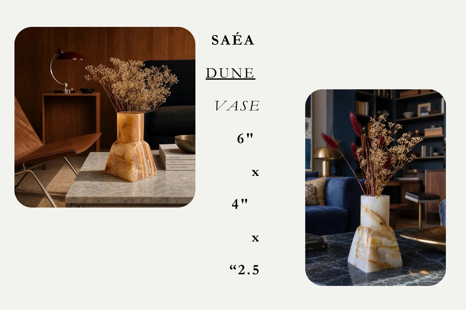 SAÉA Dune Vase, 6 by 4 by 2.5 inches, styled on a marble console