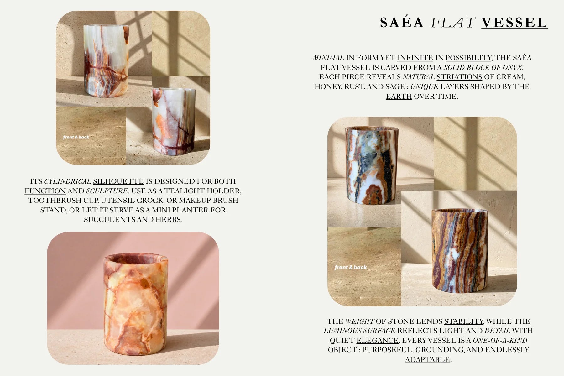 SAÉA Flat Vessel — cylindrical onyx vessel for tealights, brushes or utensils