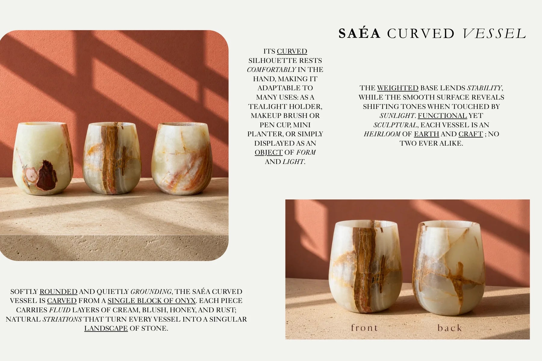 SAÉA Curved Vessel — rounded onyx vessel in cream, blush, honey and rust
