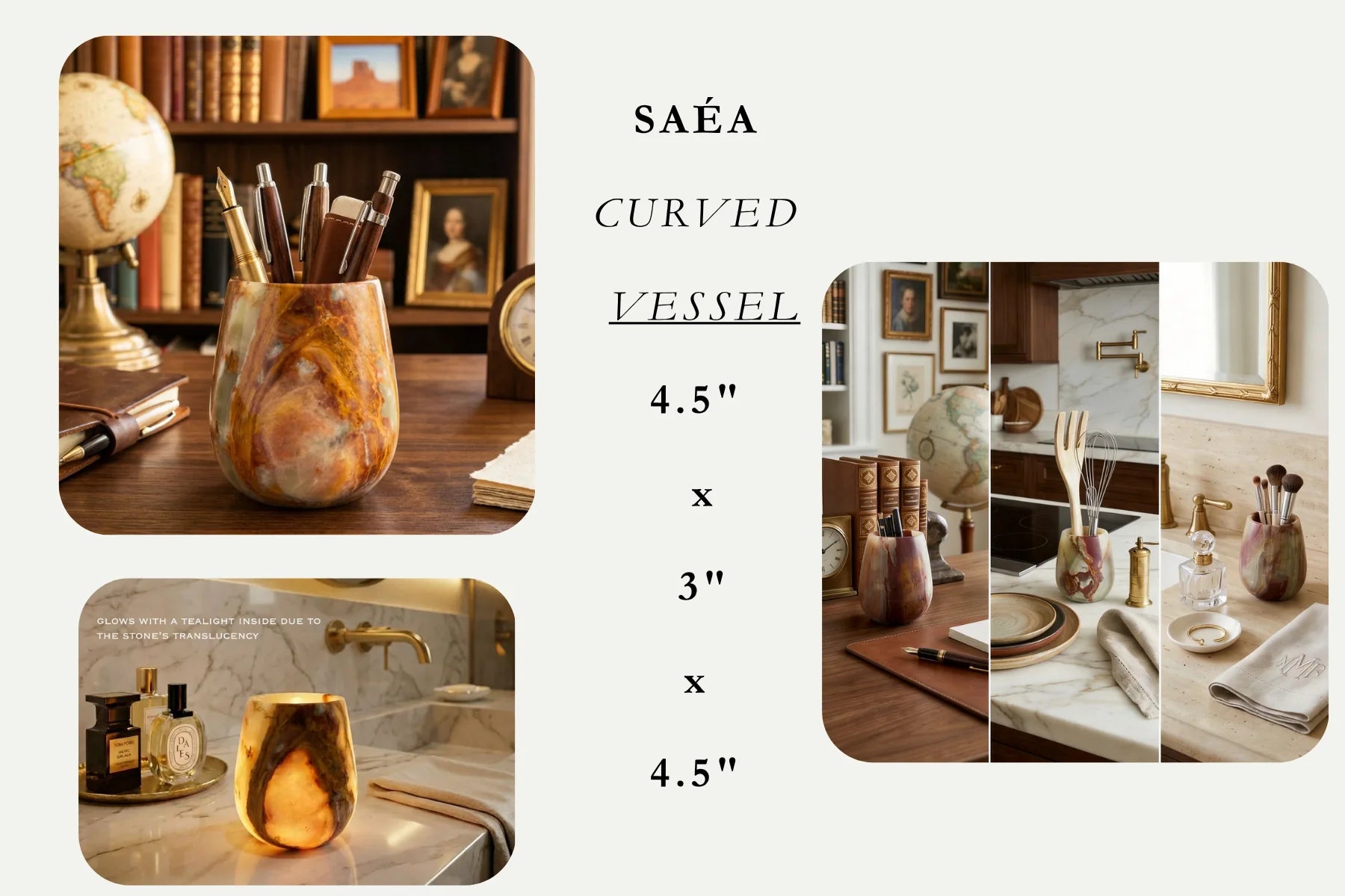 SAÉA Curved Vessel, 4.5 by 3 by 4.5 inches, holding brushes and pens
