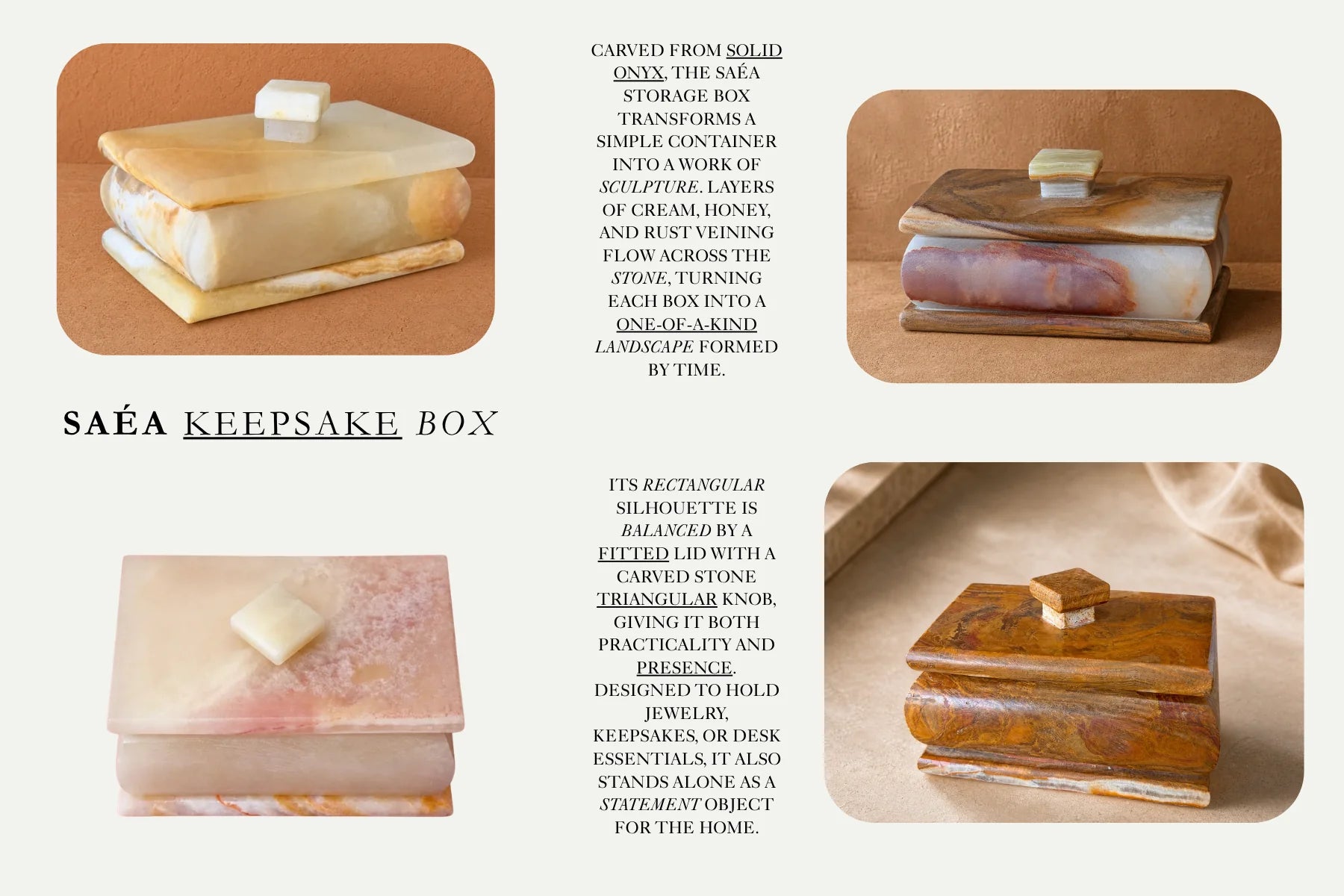 SAÉA Keepsake Box — onyx box with a fitted lid and carved triangular knob