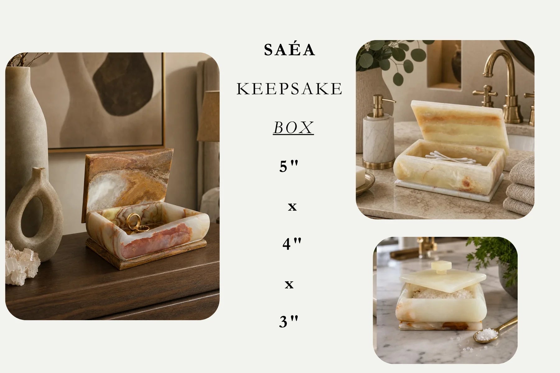 SAÉA Keepsake Box, 5 by 4 by 3 inches, styled on a vanity and dresser