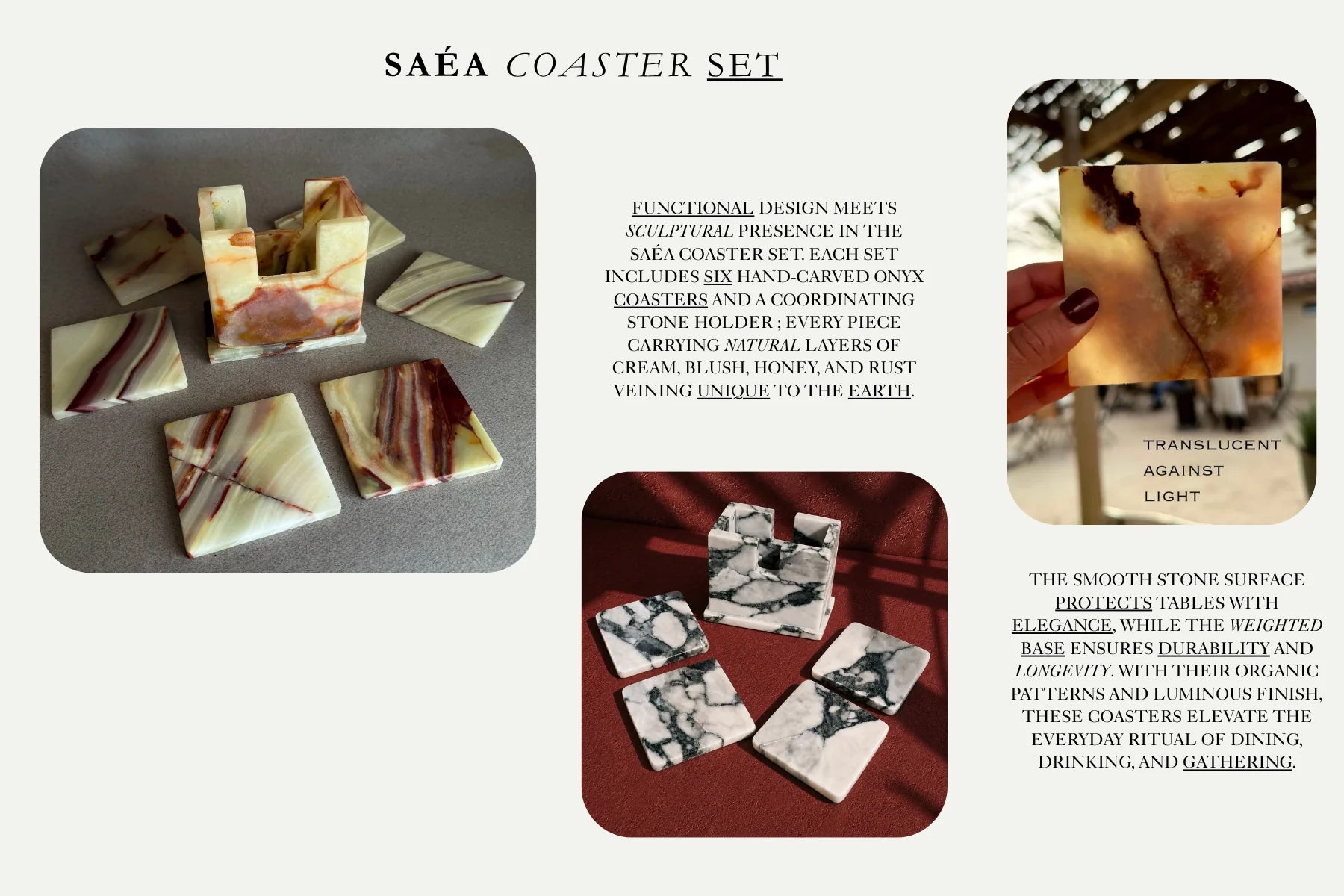 SAÉA Coaster Set — six hand-carved onyx coasters with a stone holder