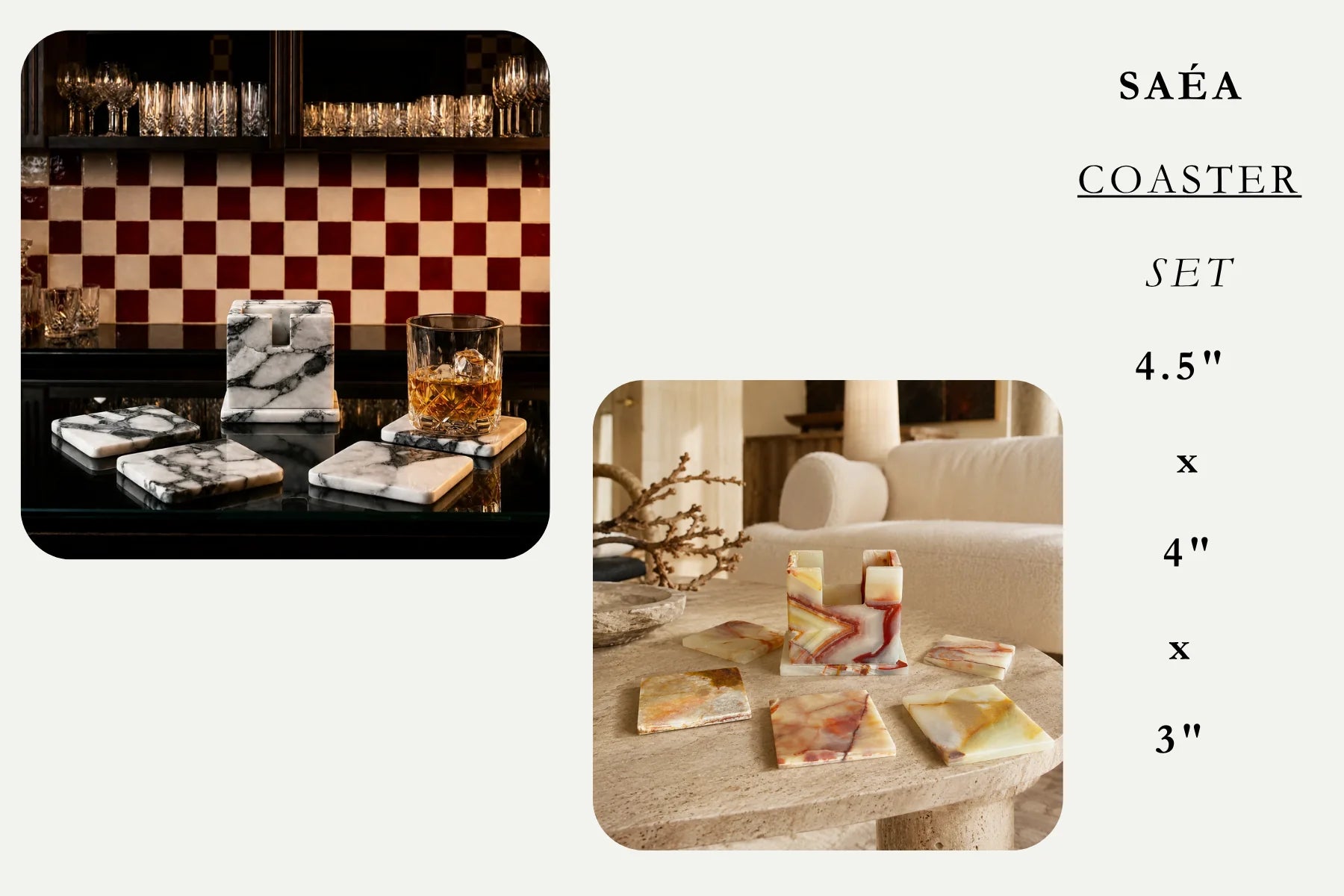 SAÉA Coaster Set, 4.5 by 4 by 3 inches, styled on a bar and coffee table