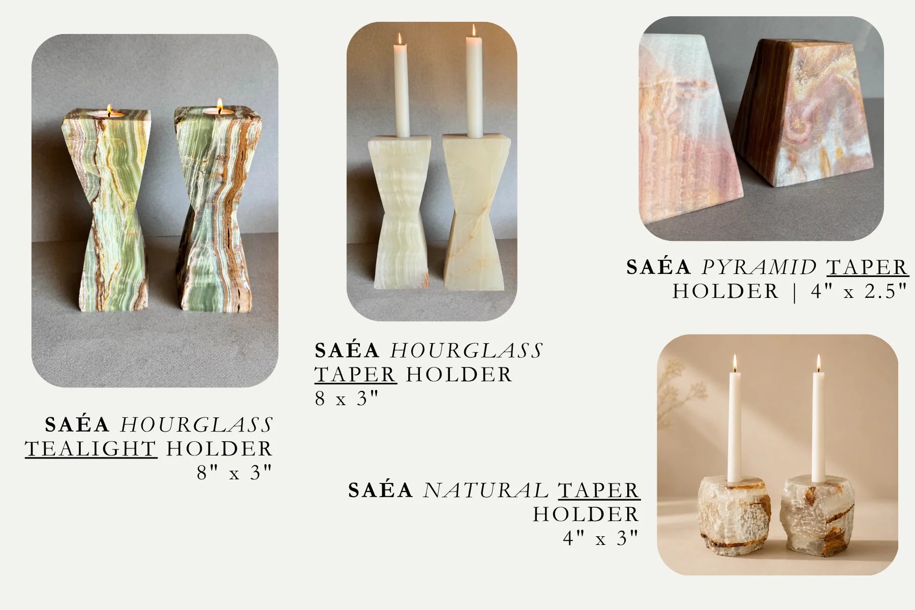 SAÉA candle holders — hourglass tealight holder, hourglass taper holder, pyramid taper holder and natural taper holder