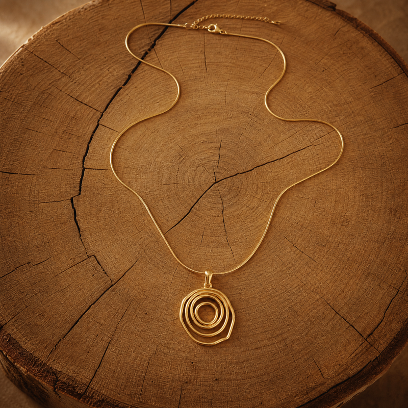 Gold spiral statement necklace with a circular pendant on a wooden surface snake chain 14" 16" 18"