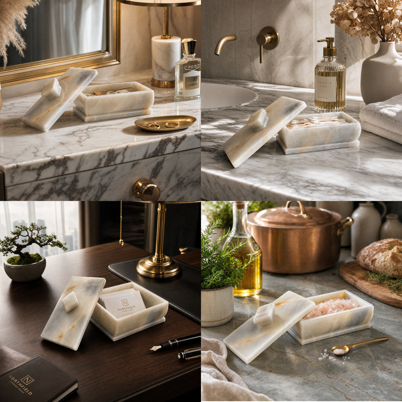 Collage of bathroom and home decor items including a marble countertop, gold fixtures, and decorative elements.