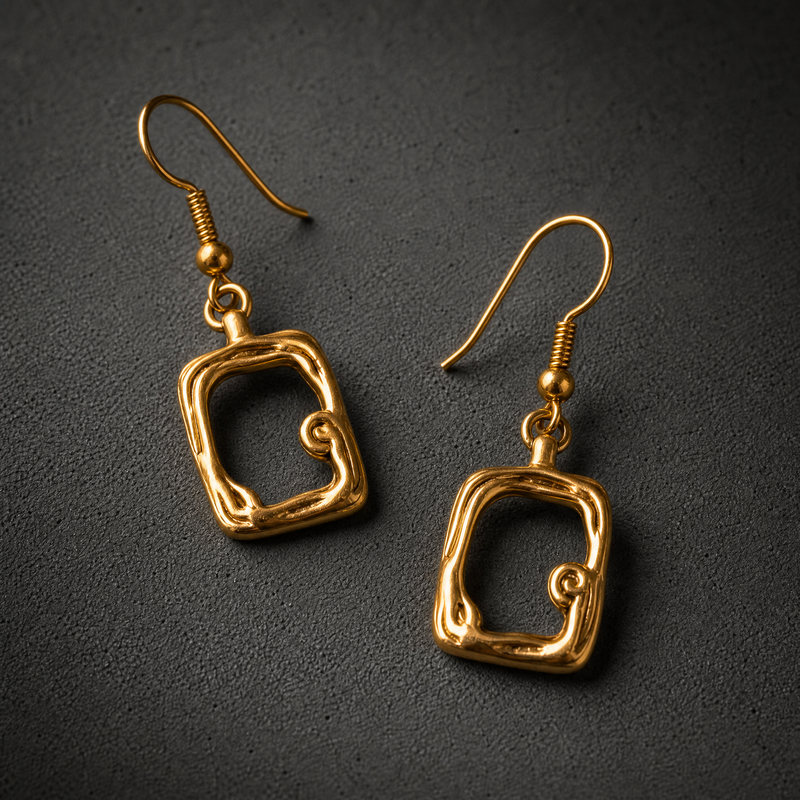 molten Gold square-shaped earrings on a dark gray background