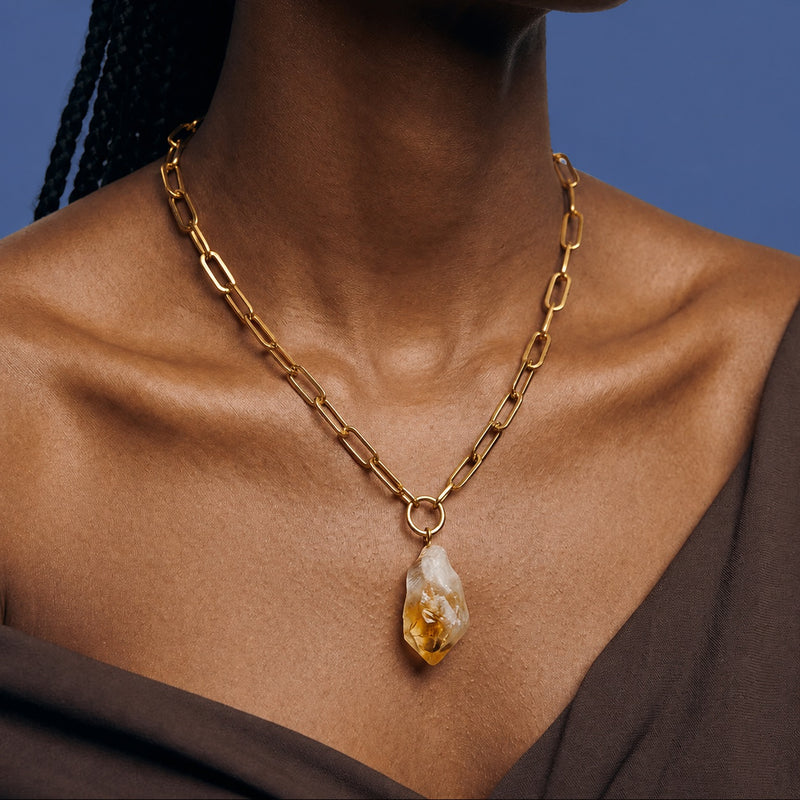Citrine pendant on a gold paperclip chain necklace