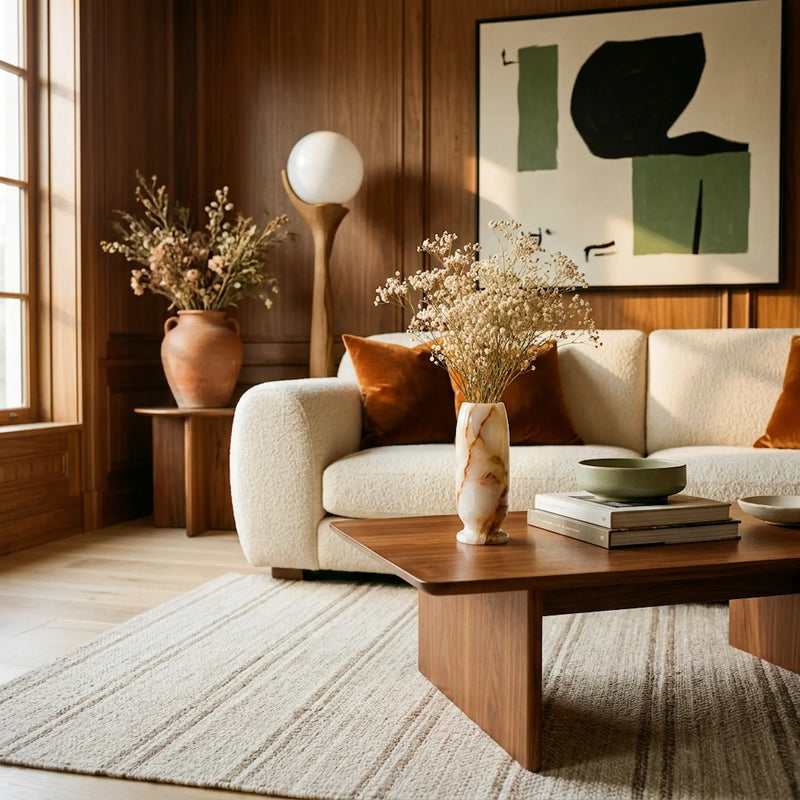 Modern living room with a beige sofa, wooden coffee table, and abstract art on the wall.