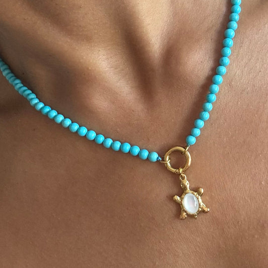 Mother of Pearl Turtle Pendant Necklace in a Turquoise or Picture Jasper Beaded Chain