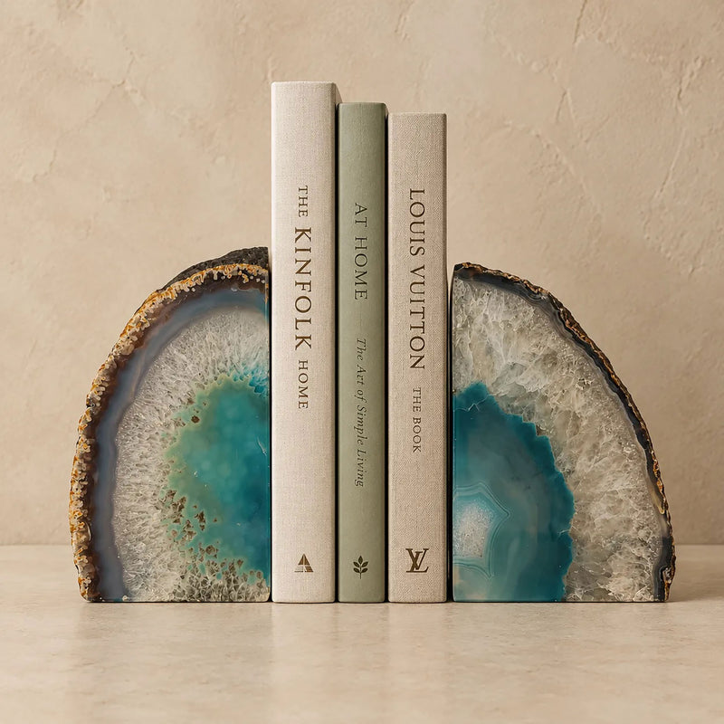 Pair of teal and white agate geode bookends, front view of both cut faces from one geode