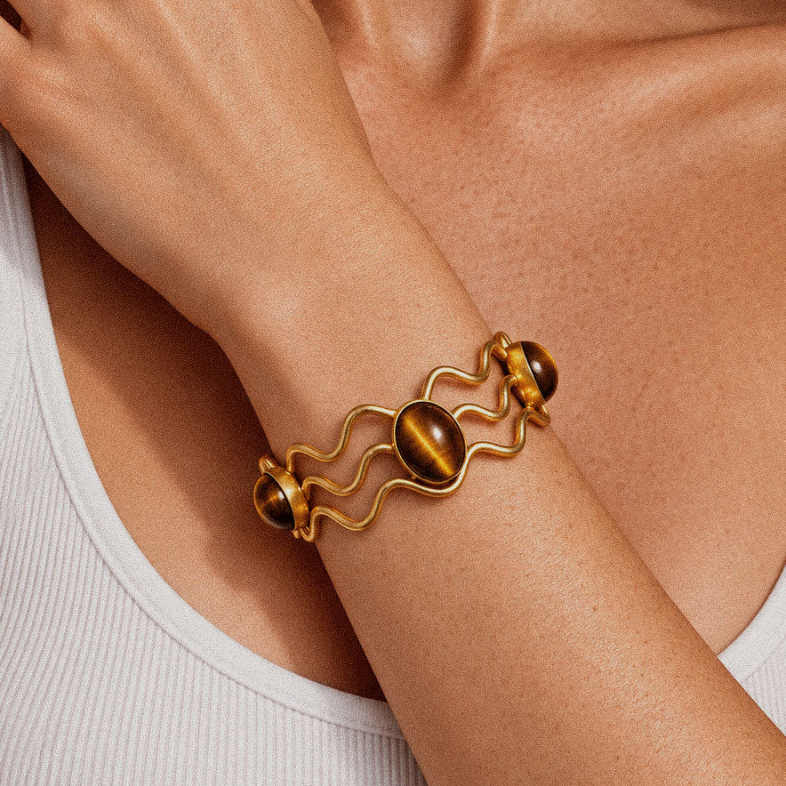Golden brown & gold | SAÉA Tiger's Eye Wavy Cuff Bracelet