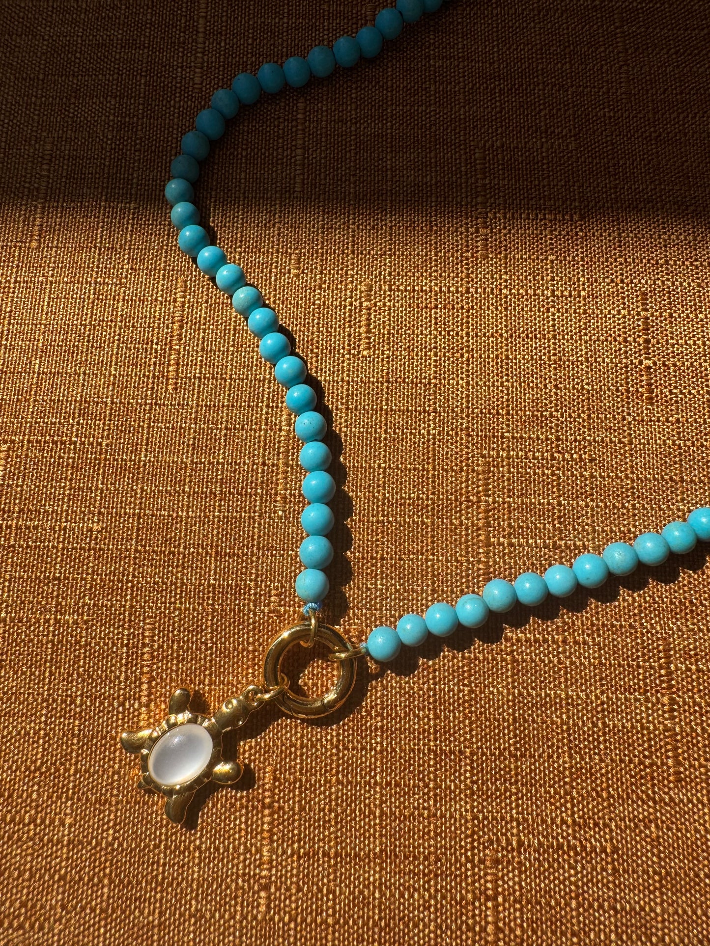 Mother of Pearl Turtle Pendant Necklace in a Turquoise or Picture Jasper Beaded Chain