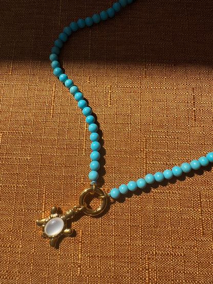Mother of Pearl Turtle Pendant Necklace in a Turquoise or Picture Jasper Beaded Chain