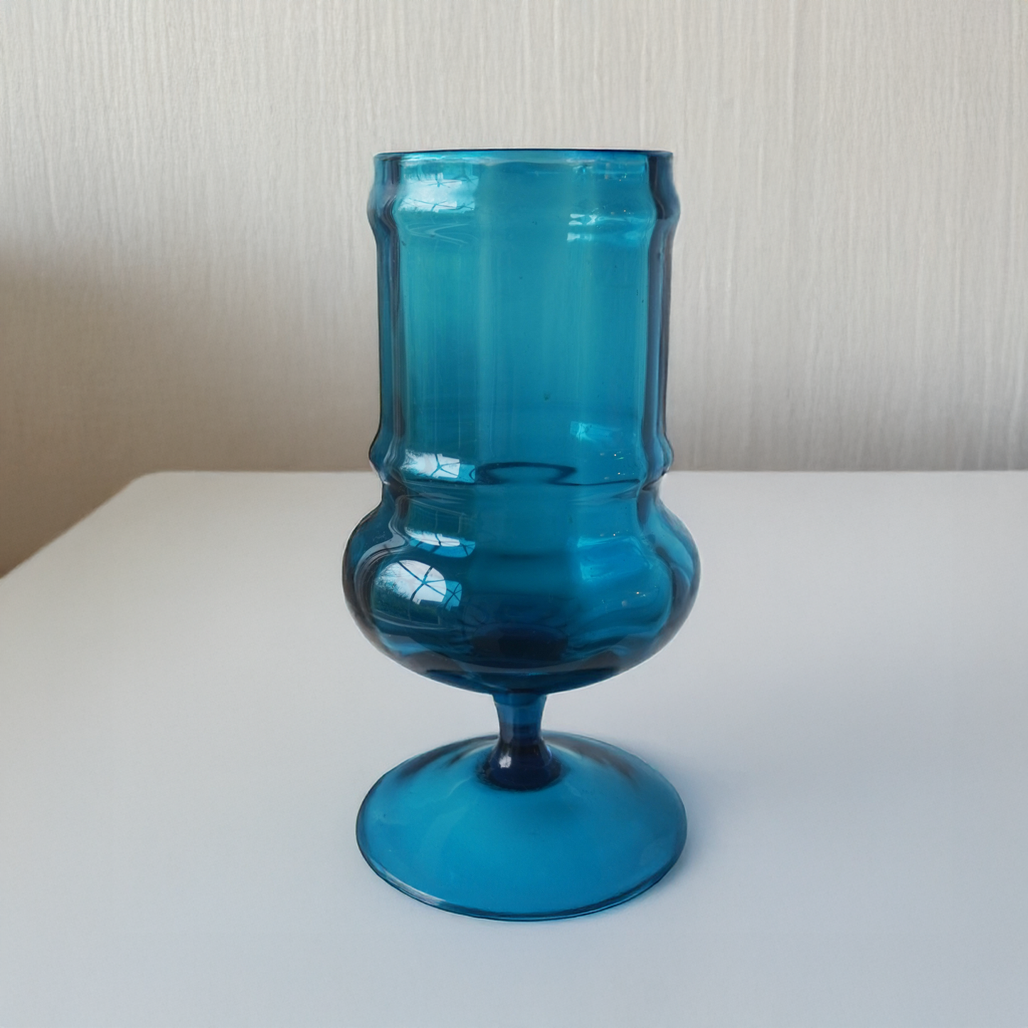 Vintage 1960s Blue Pedestal Glass Vase – Mid-Century Swung Glass - Empoli - Italian Origin