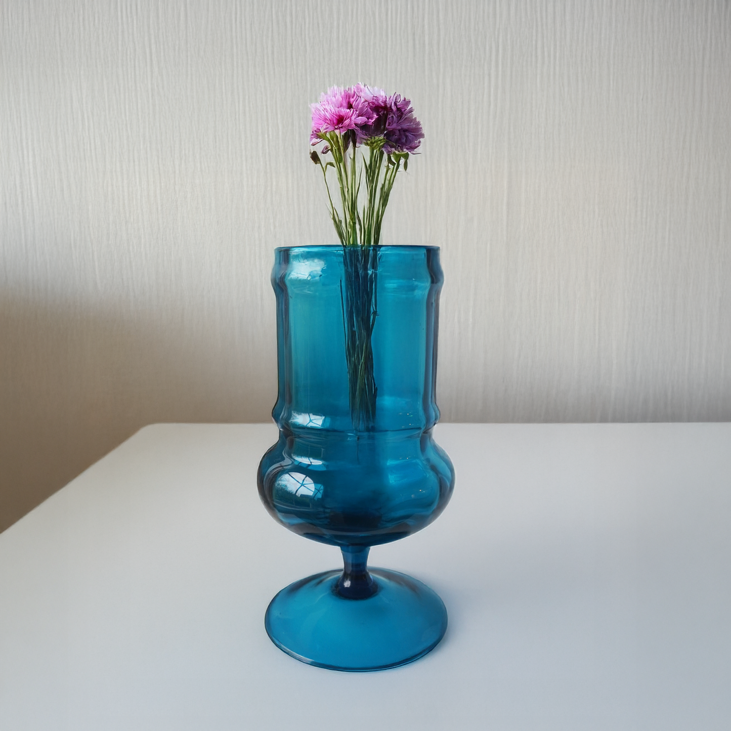 Vintage 1960s Blue Pedestal Glass Vase – Mid-Century Swung Glass - Empoli - Italian Origin