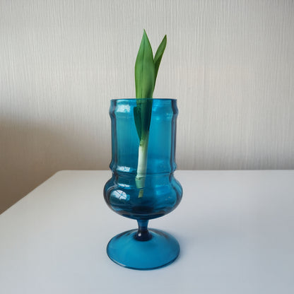 Vintage 1960s Blue Pedestal Glass Vase – Mid-Century Swung Glass - Empoli - Italian Origin