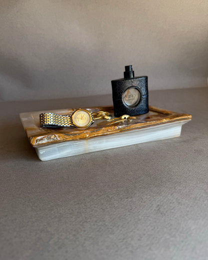 Raw onyx vanity tray with cream and brown contrast, sculptural stone decor tray for modern organic interiors
